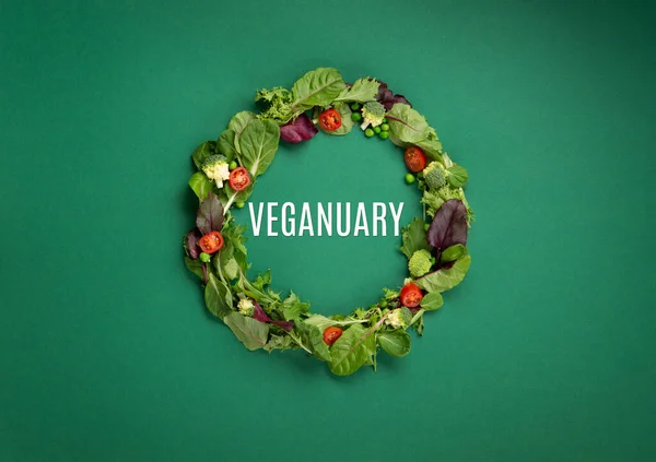 一月份素食主义者和素食主义者的饮食月叫做Veganuary 素食种类繁多 植物蛋白类食品 健康生鲜蔬菜 绿色背景的顶视图 图库图片