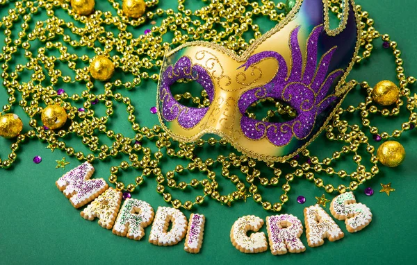 Mardi Gras King Cake Cookies Masquerade Festival Carnival Mask Gold — Foto Stock