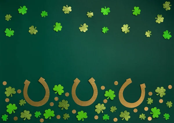 Patrick Day Celebration Concept Greeting Card Traditional Symbols Golden Horseshoe — Stockfoto