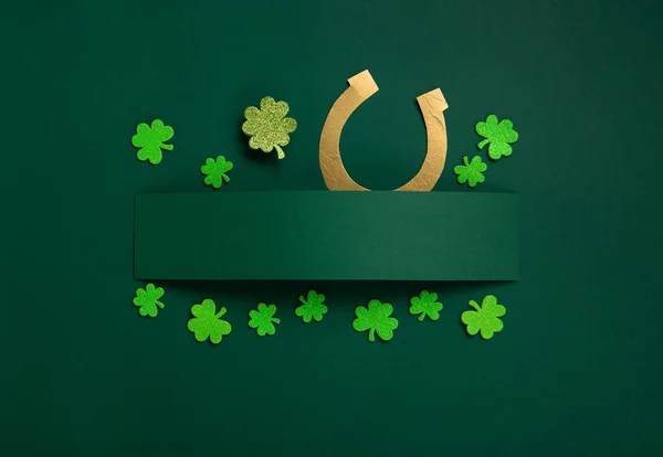 Patrick Day Celebration Concept Greeting Card Traditional Symbols Golden Horseshoe — Stock fotografie