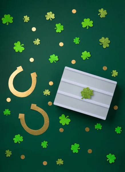 Patrick Day Celebration Concept Greeting Card Traditional Symbols Golden Horseshoe — Zdjęcie stockowe