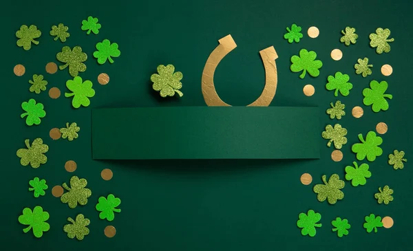 Patrick Day Celebration Concept Greeting Card Traditional Symbols Golden Horseshoe — Stock Fotó