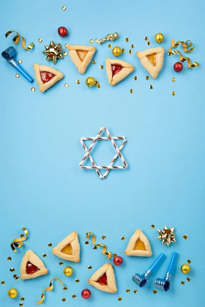 Purim Celebration Jewish Carnival Holiday Concept Tasty Hamantaschen Cookies Carnival — Stok fotoğraf