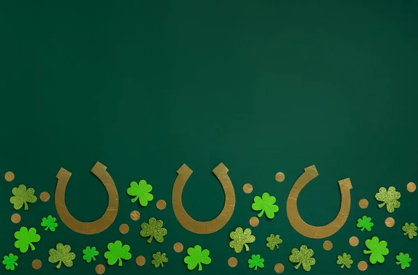 Patrick Day Celebration Concept Greeting Card Traditional Symbols Golden Horseshoes — Stock Fotó