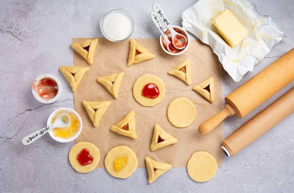 Making Homemade Triangular Pastry Hamantaschen Cookies Purim Purim Celebration Jewish — Stock Photo, Image