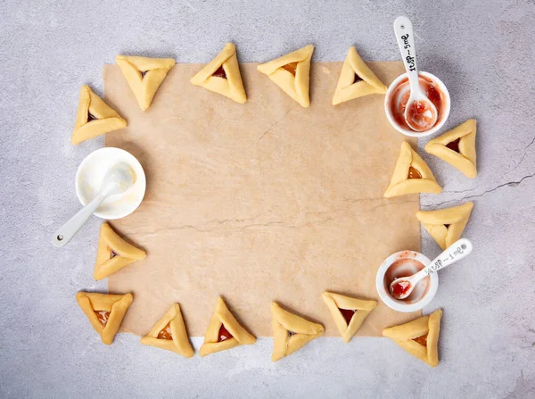 Making Homemade Triangular Pastry Hamantaschen Cookies Purim Purim Celebration Jewish — Stock Photo, Image