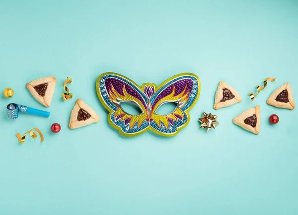Homemade Purim Hamantaschen Cookies Triangular Pastry Carnival Mask Noisemaker Sweet — Stock Photo, Image