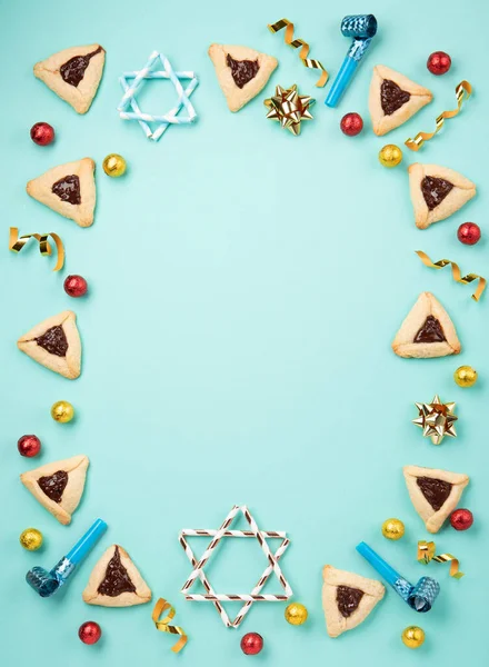 Homemade Purim Hamantaschen Cookies Triangular Pastry Carnival Mask Noisemaker Sweet — Stock Photo, Image