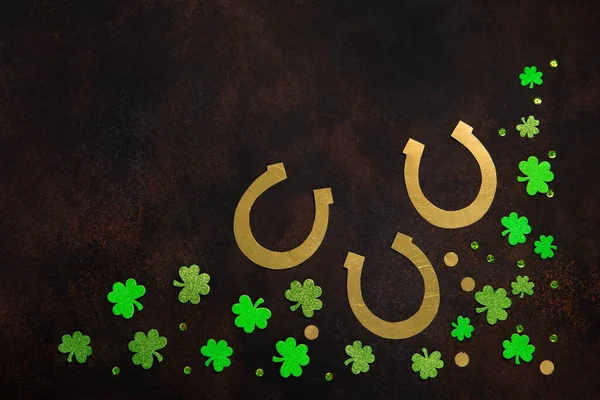 Patrick Day Celebration Concept Greeting Card Traditional Symbols Golden Horseshoe — Stock Photo, Image