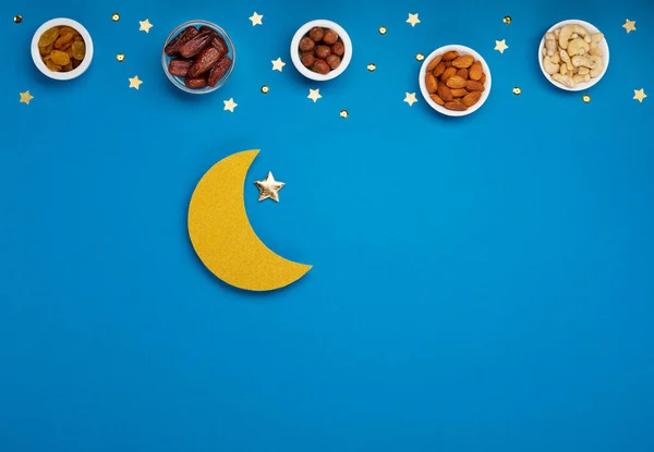 Ramadan Kareem Concept Date Fruits Cashew Nuts Almonds Crescent Moon — Photo