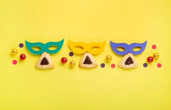 Homemade Purim Hamantaschen Cookies Triangular Pastry Carnival Masks Sweet Chocolate — Stock Photo, Image