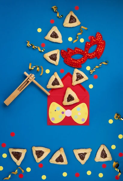 Házi Készítésű Purim Hamantaschen Cookie Háromszögletű Tészta Farsangi Maszk Zajvédő — Stock Fotó
