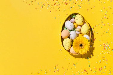 Festive holiday spring Easter card. Yellow, pink, blue sugar sprinkles, daisy flower and sweet Easter eggs on paper yellow background. Flat lay, top view, copy space.