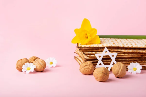 Jewish Holiday Passover Greeting Card Concept Matzah Star David Spring — Stock fotografie