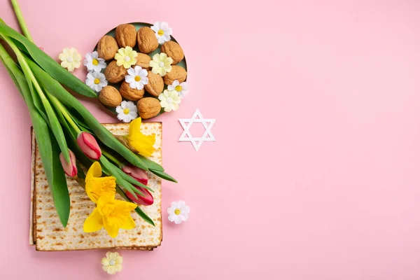 Jewish Holiday Passover Greeting Card Concept Matzah Star David Spring — 图库照片