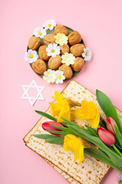 Yahudi Bayramı Tebrik Kartı Konsepti Matzah Davut Yıldızı Bahar Sarısı — Stok fotoğraf