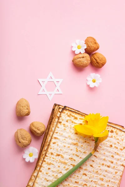 Yahudi Bayramı Tebrik Kartı Konsepti Matzah Davut Yıldızı Bahar Sarısı — Stok fotoğraf