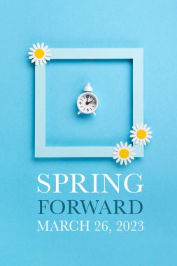White alarm clock and Daisy Flowers on blue background. Spring forward, Time Change, Daylight Saving Time Ends, Changing the time on the watch to spring time, Summer back concept.