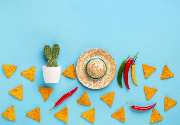 Μεξικάνικη Γιορτή Παραδοσιακά Μεξικάνικα Nachos Chips Τσίλι Πιπέρι Κάκτο Και — Φωτογραφία Αρχείου