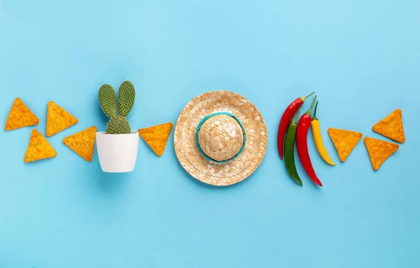Mexikanische Background Fiesta Mit Traditionellen Mexikanischen Nachos Chips Chilischote Kaktus — Stockfoto