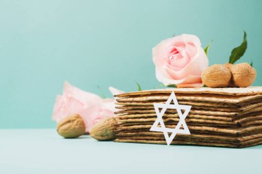 Yahudi bayramı tebrik kartı konsepti, matzah, Davut Yıldızı, bahar çiçekleri, mavi nane masadaki cevizler. Seder Pesach bahar tatili arka planı, kopyalama alanı.