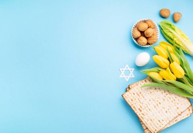 Yahudi bayramı tebrik kartı konsepti matza matzoh (Yahudi bayramı ekmeği), ceviz, mavi masada sarı lale çiçekleri. Seder Pesach bahar tatili arka planı, kopyalama alanı.