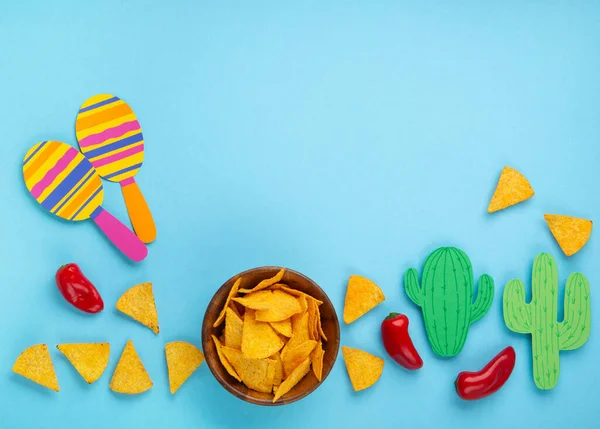 Μεξικάνικη Γιορτή Παραδοσιακά Μεξικάνικα Nachos Chips Κόκκινη Πιπεριά Τσίλι Κάκτο — Φωτογραφία Αρχείου