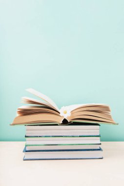 Dünya kitabı ve telif hakkı günü, eğitim konsepti. Mavi nane arkaplanıyla ilgili yığınla kitap. Kitaplar için bayram kartı, kopyalama alanı.