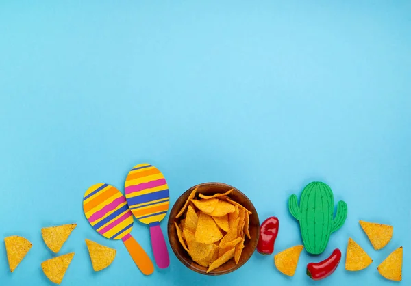 Μεξικάνικη Γιορτή Παραδοσιακά Μεξικάνικα Nachos Chips Κόκκινη Πιπεριά Τσίλι Κάκτο — Φωτογραφία Αρχείου