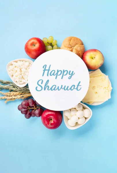 Happy Shavuot Festive Card Jewish Religious Holiday Concept Dairy Products — Stock Photo, Image