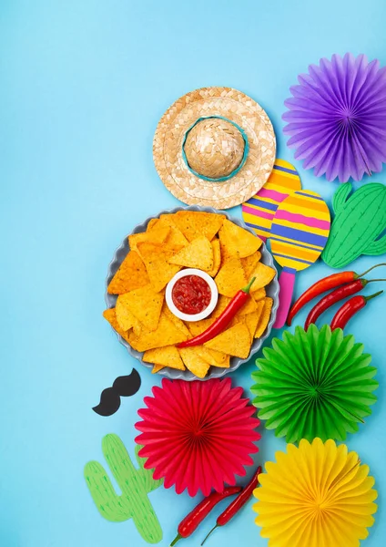 Mexican Fiesta Background Traditional Mexican Nachos Chips Chilli Peppers Tomato — Stock Photo, Image