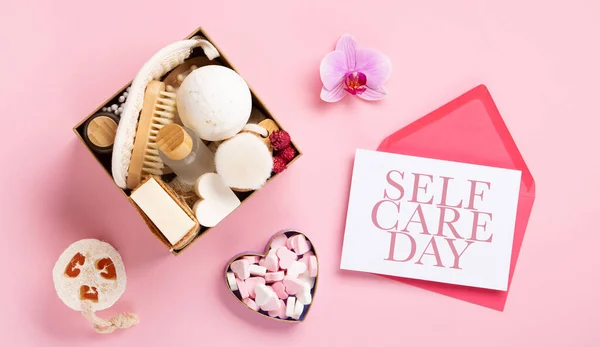 Happy Self Care Day Natürliche Umweltfreundliche Schönheitspflegeprodukte Zero Waste Badezimmer — Stockfoto