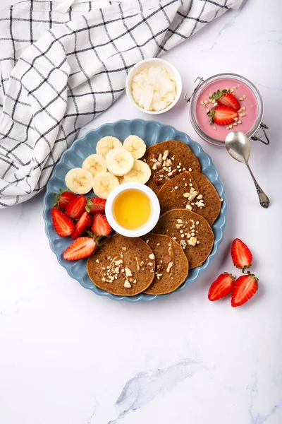 Gluten Free Homemade Vegan Banana Pancakes Breakfast Gray Background Healthy — Stock Photo, Image