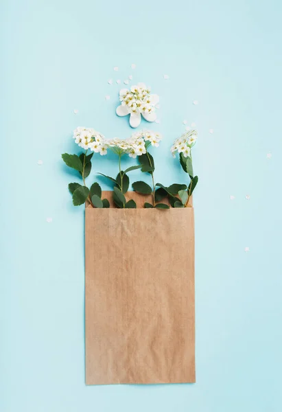 国際ビニール袋の自由な日の概念 持続可能で生態系のライフスタイル プラスチックに言うな 緑に行け 自然を守れ 青い背景に白い夏の花と再利用とリサイクル紙袋 — ストック写真