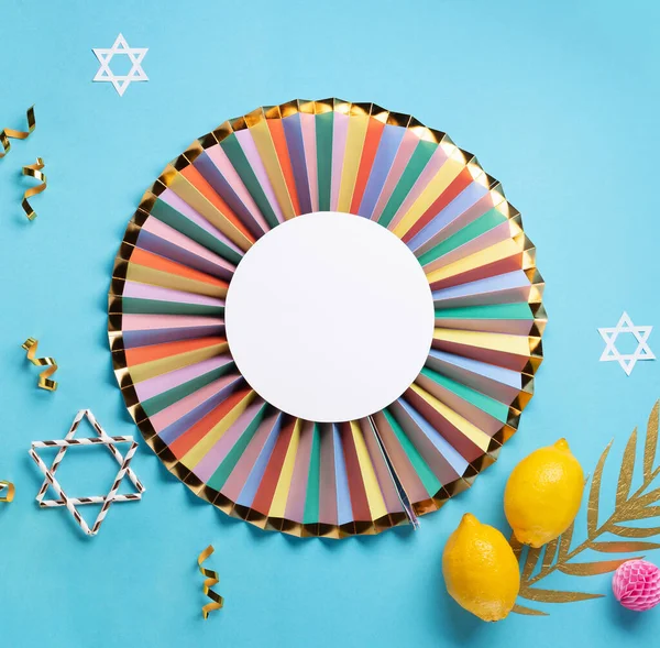 Jewish Ritual Festival Sukkot Holiday Traditional Symbols Blue Background — Stock Photo, Image