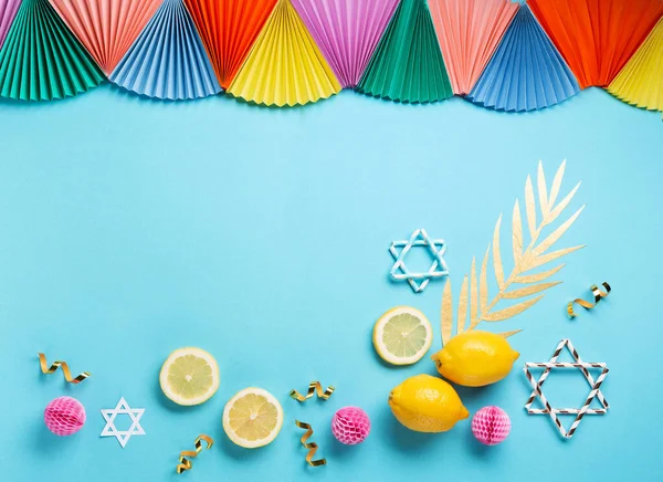 Jewish Ritual Festival Sukkot Holiday Traditional Symbols Paper Blue Background — Stock Photo, Image
