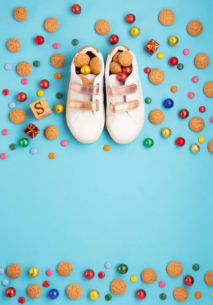 Saint Nicholas Day December Christmas Card Children Shoes Sweets Candy — Stock Photo, Image