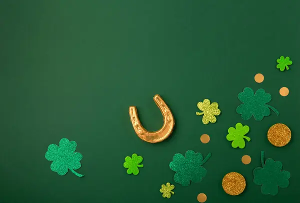 Patricks Dagkaart Met Traditionele Symbolen Voor Ierse Partij Gouden Hoefijzer — Stockfoto