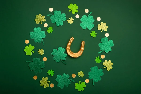 День Святого Патрика Традиційними Символами Ірландської Вечірки Золота Підкова Золоті — стокове фото