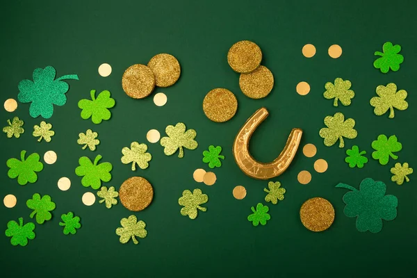 Patricks Day Card Traditional Symbols Irish Party Golden Horseshoe Gold — Stock Photo, Image