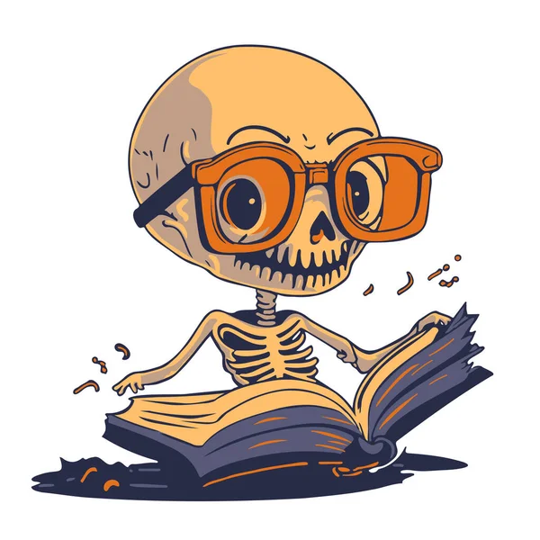 Skeleton Reading Book Funny Concept Halloween Vector Illustration — Stock Vector