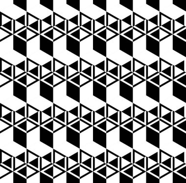 Soyut geometrik şekil dikişsiz model arkaplan vektörü. Siyah ve beyaz 3d bloklar, kutular, küp yinelenen desen.