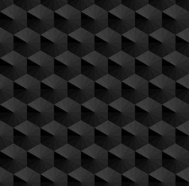 Soyut geometrik şekil dikişsiz model arkaplan vektörü. Siyah 3d bloklar, küpler, altıgenler tekrarlanan desen.