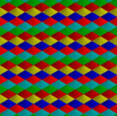 Soyut geometrik şekil dikişsiz model arkaplan vektörü. Renkli 3D elmaslar, eşkenar dörtgen, tekrarlanan üçgenler.