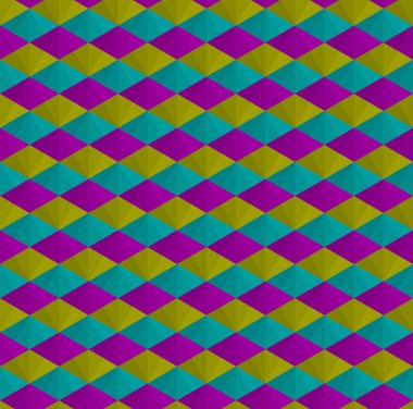 Soyut geometrik şekil dikişsiz model arkaplan vektörü. 3 boyutlu küpler, elmaslar, eşkenar dörtgen, tekrarlayan üçgenler. Renkli kabile kumaşı deseni.
