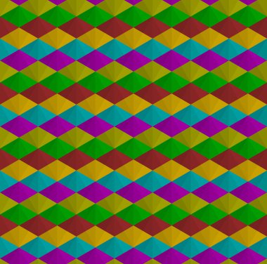 Soyut geometrik şekil dikişsiz model arkaplan vektörü. 3 boyutlu küpler, elmaslar, eşkenar dörtgen, tekrarlayan üçgenler. Renkli kabile kumaşı deseni.