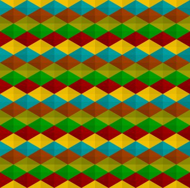 Soyut geometrik şekil dikişsiz model arkaplan vektörü. 3 boyutlu küpler, elmaslar, eşkenar dörtgen, tekrarlayan üçgenler. Renkli kabile kumaşı deseni.