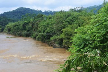 Sukabumi, Batı Java, Endonezya 'da sabah üstü motosikletli köprüden geçen asma köprü. Geleneksel altyapı binaları.