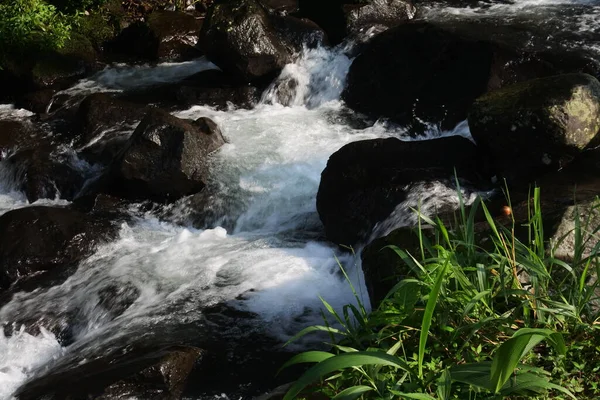 Piękny Widok Wodę Płynącą Między Brzegiem Rzeki Skałami Tło Wodne — Zdjęcie stockowe