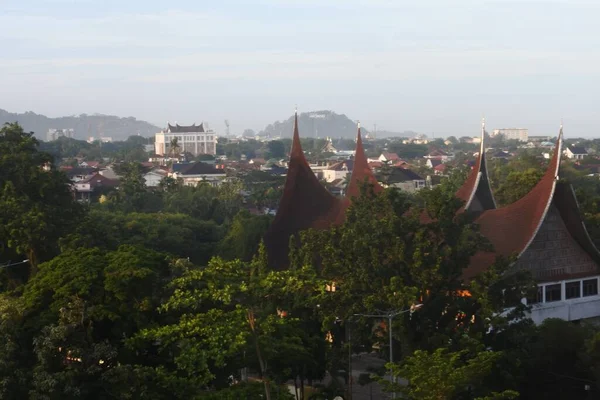 View Rows Houses Buildings City Padang Morning Little Fog West — Foto de Stock